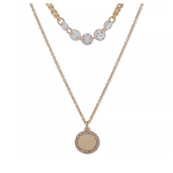 DKNY Gold Tone Crystal Disc Pendant Layered Necklace Women's Fashion Chic NEW - Picture 2 of 7